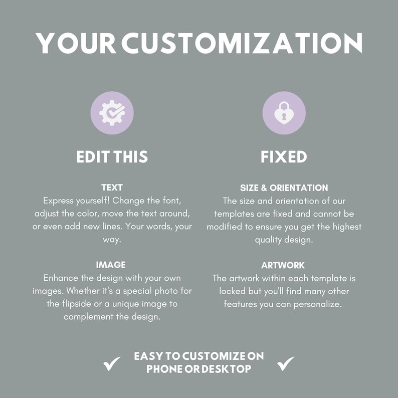 May include: A graphic showing the customization options for a design template. The text reads "Your Customization". The left side shows a gear icon with the text "Edit This" and lists "Text" and "Image" as customizable elements. The right side shows a lock icon with the text "Fixed" and lists "Size & Orientation" and "Artwork" as fixed elements. The bottom of the graphic reads "Easy to customize on phone or desktop".
