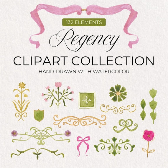Floral Regency Clipart Collection - 132 PNGs Included - Hand-Drawn with Watercolor