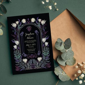 May include: A black wedding invitation with a floral design in shades of purple and white. The text reads "Josephine and Adrian" and includes the date "Aug 23 2025".