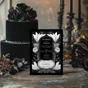 Gothic Black & White Wedding Invitation - Dark Floral Vintage Noir Design - Instant Download, 5x7, Editable Template