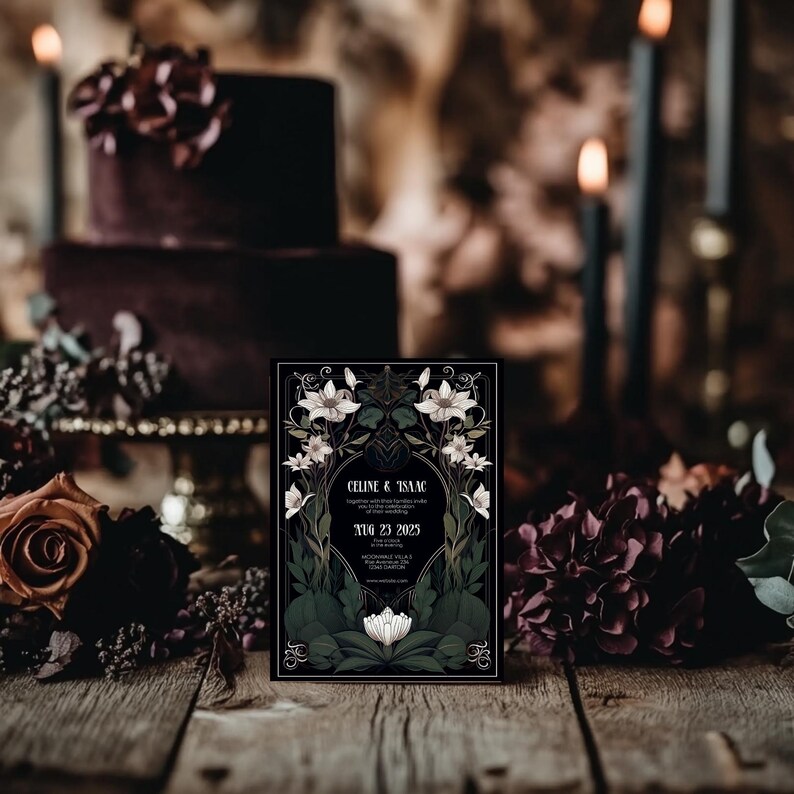May include: Black wedding invitation with white floral illustrations and gold accents. The invitation reads "Celine & Isaac" and includes the date "Aug 23 2023".