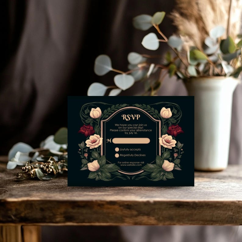 May include: A black RSVP card with gold accents and floral illustrations. The card has a section for guests to confirm their attendance by July 1st. The text reads "RSVP, We hope you can join us on our special day! Please confirm your attendance by July 1st. Joyfully accepts, Regretfully Declines. For online response visit www.website.com"