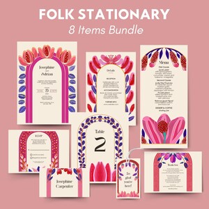 Cute Folk Wedding Invitation Set - Vibrant Scandi-Inspired Floral Design, Editable 8 items, RSVP, Menu, Details & More, Digital Download