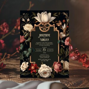 May include: A black wedding invitation with gold accents and floral designs. The invitation features the names Josephine and Adrian, the date August 23, 2025, and the time 5:00 PM. The invitation also includes the location Moon Villa, Rise Avenue 234, 12345 Darton, and an RSVP deadline of May 1st to 123-456-789.