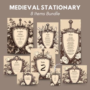 Vintage Gothic Wedding Invitation Set, Medieval Baroque Shield Stationery Bundle, Editable 8 items, With RSVP, Menu & More, Digital Download