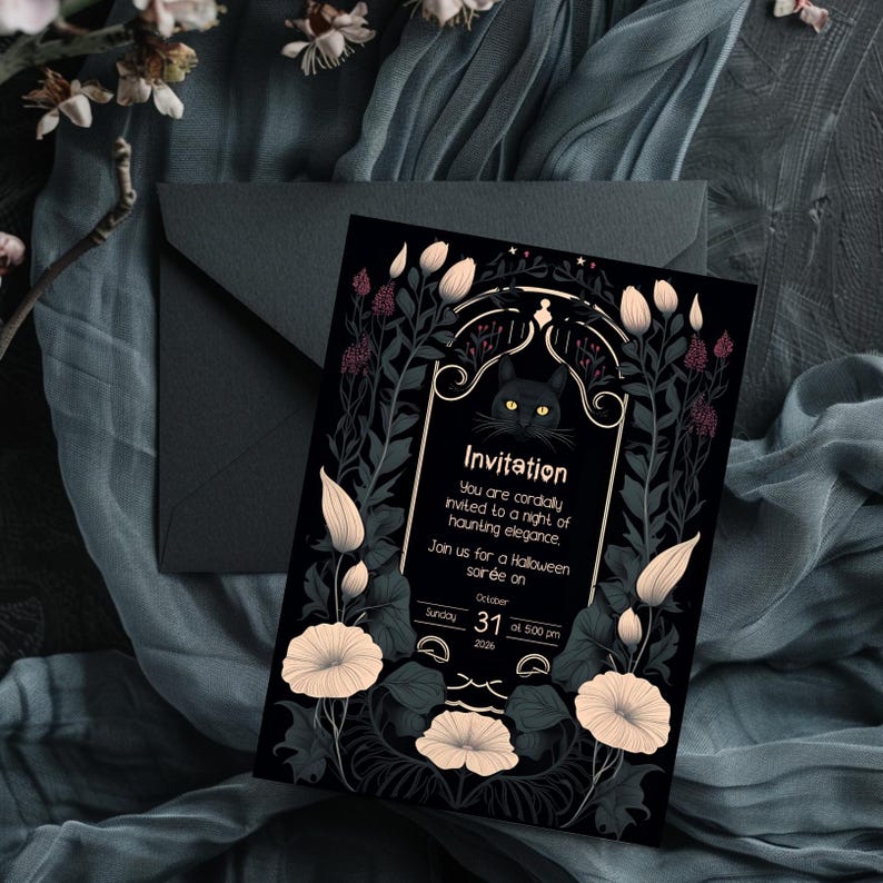 May include: A black and white Halloween invitation with a black cat illustration and floral details. The invitation reads "You are cordially invited to a night of haunting elegance. Join us for a Halloween soiree on Sunday, October 31st at 5:00 pm."