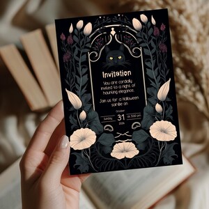 May include: Black and white Halloween party invitation with a black cat illustration and floral details. The invitation reads "Invitation" and includes the date and time of the event: Sunday, October 31, 2026 at 5:00 pm.