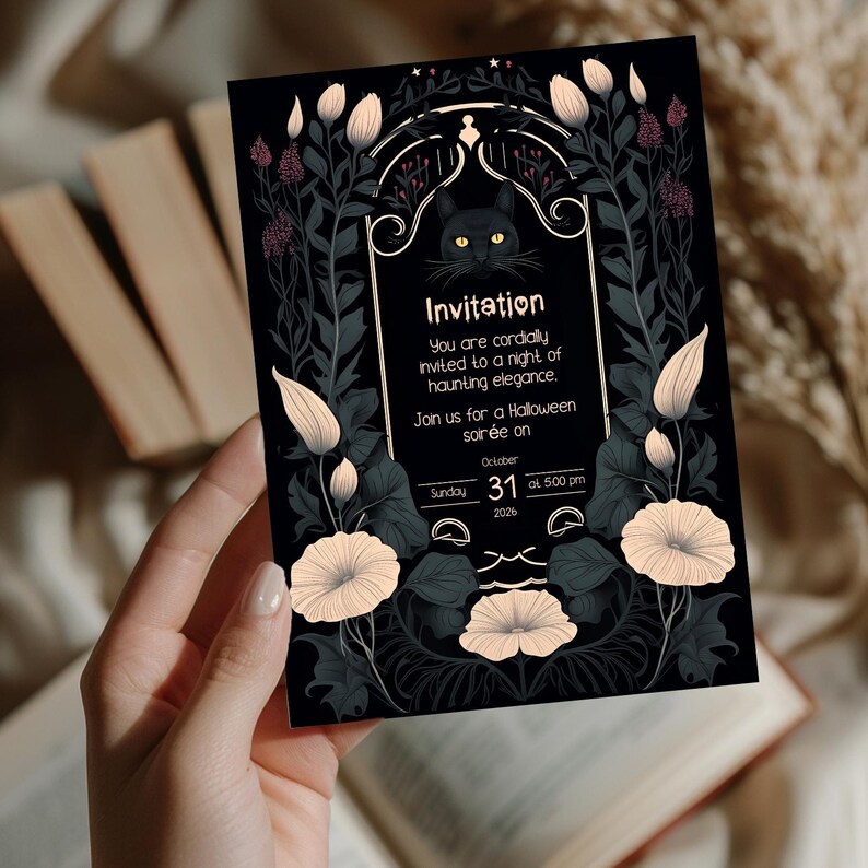 May include: Black and white Halloween party invitation with a black cat illustration and floral details. The invitation reads "Invitation" and includes the date and time of the event: Sunday, October 31, 2026 at 5:00 pm.