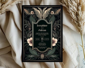 May include: A black and gold wedding invitation with a floral design. The invitation reads "Josephine and Adrian" and includes the date and time of the wedding, the location, and RSVP information.