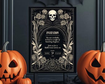 May include: A black and white Halloween invitation with a skull and floral design. The invitation reads "You are cordially invited to a night of haunting elegance. Join us for a Halloween soirée on Sunday, 31 October at 5:00 pm."