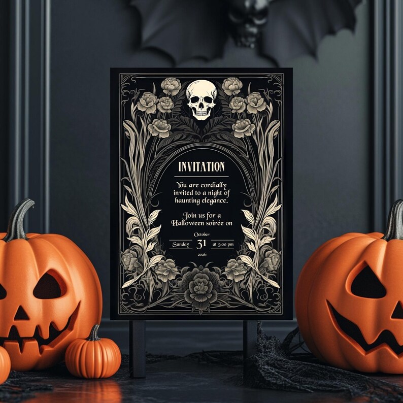 May include: A black and white Halloween invitation with a skull and floral design. The invitation reads "You are cordially invited to a night of haunting elegance. Join us for a Halloween soir&eacute;e on Sunday, October 31 at 5:00 pm."