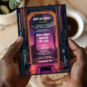Retro Futuristic Space Birthday Invitation - Sci-Fi Neon City Party Card - Instant Download, 5x7, Personalize with Corjl