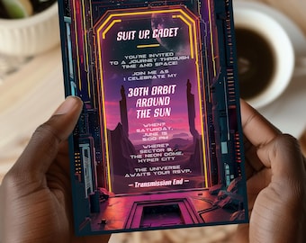 May include: A futuristic-themed invitation card with a neon pink and blue colour scheme. The card features a cityscape with a glowing archway and the text "Suit Up. Cadet" in a yellow box. The invitation is for a 30th orbit around the sun party on Saturday, 15th June at 5:00 PM in Sector 9, The Neon Dome, Hyper City.