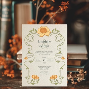 Romantic Art Nouveau Wedding Invitation – Elegant Vintage Floral Design - Instant Download, 5x7, Editable Template, personalize with Corjl
