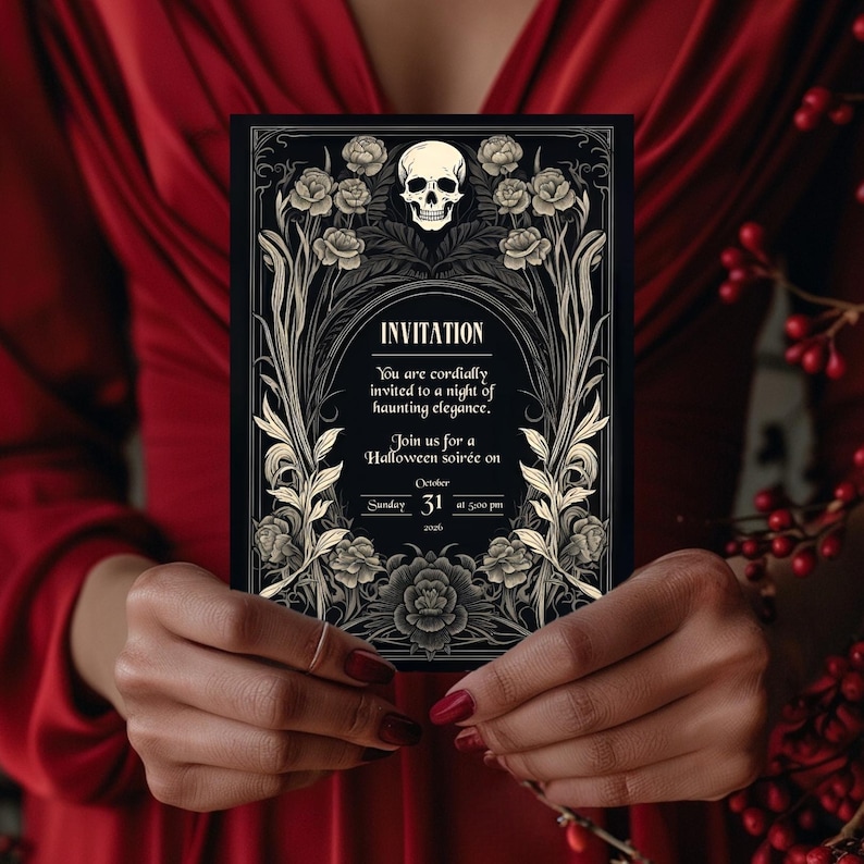 May include: Black and gold Halloween invitation with a skull and floral design. The invitation reads "You are cordially invited to a night of haunting elegance. Join us for a Halloween soir&eacute;e on October 31 at 5:00 pm."