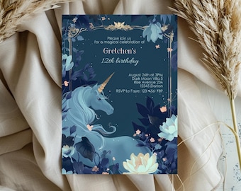 May include: A blue and gold birthday invitation featuring a unicorn illustration and floral details. The text reads "Please join us for a magical celebration of Gretchen's 12th birthday. August 26th at 3PM Dark Moon Villa 5 Rise Avenue 234 12345 Darton RSVP to Faye: 123-456-789"