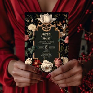 May include: A black wedding invitation with gold accents and floral designs. The invitation reads "Josephine and Adrian together with their families invite you to the celebration of their wedding Sunday August 23, 2025 at 5:00 PM Moon Villa Rise Avenue 234 12345 Darton RSVP until May 1st to 123-456-789"