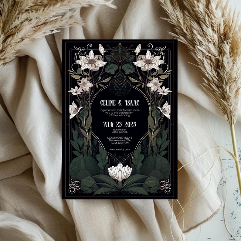 May include: Black wedding invitation with gold accents featuring a floral design with white flowers and green leaves. The text reads "CELINE & ISAAC" and "AUG 23 2025".
