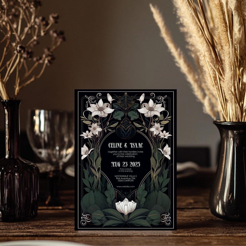 May include: Black wedding invitation with gold accents and floral illustrations. The invitation reads "Celine & Isaac" and includes the date "Aug 23 2025" and the location "Moonwale Villas".