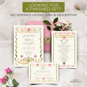 May include: A wedding invitation suite featuring three cream-colored cards with gold filigree borders, pink floral accents, and black text. The set includes a main invitation, a details card, and an RSVP card, all displayed with a pink envelope.
