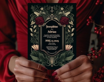 May include: A black wedding invitation with gold and red accents. The invitation features a floral design with red roses and green leaves. The text on the invitation reads "Josephine and Adrian" and includes the date "Aug 23 2025" and the time "Five o'clock in the evening".