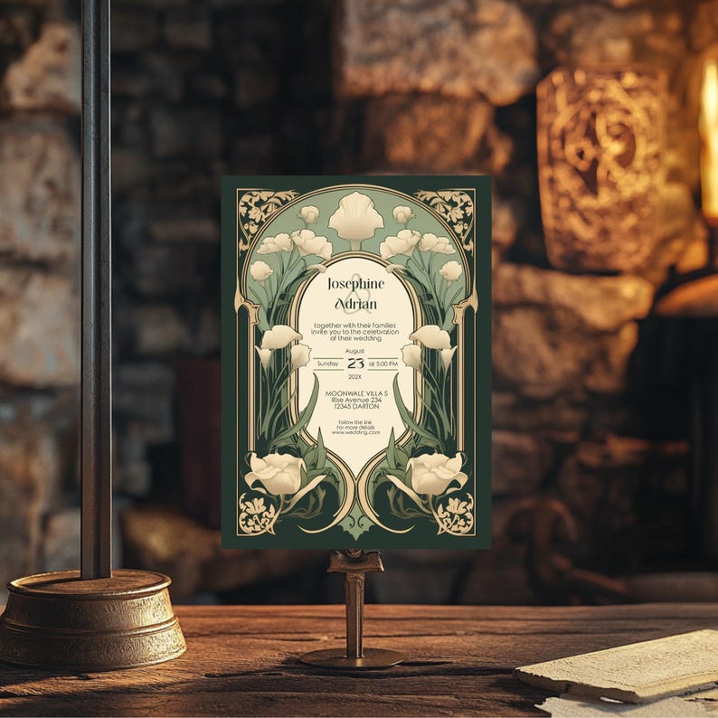 May include: A green and gold wedding invitation with an art nouveau design featuring white flowers. The invitation reads "Josephine & Adrian" and includes the date "August 23, 202X" and the time "5:00 PM". The location is listed as "Moonwale Villas & Gardens, 12345 Darton".