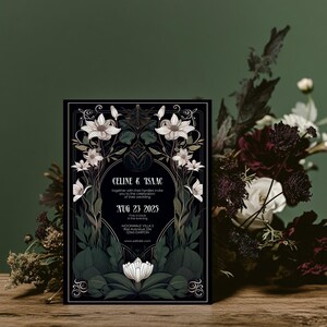 May include: Black and gold wedding invitation with white floral illustrations. The invitation reads "CELINE & ISAAC" and includes the date "AUG 23 2025".