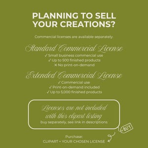 May include: An olive green informational graphic with white text titled PLANNING TO SELL YOUR CREATIONS? It outlines terms for a Standard Commercial License and an Extended Commercial License, noting that licenses are not included with this clipart listing.