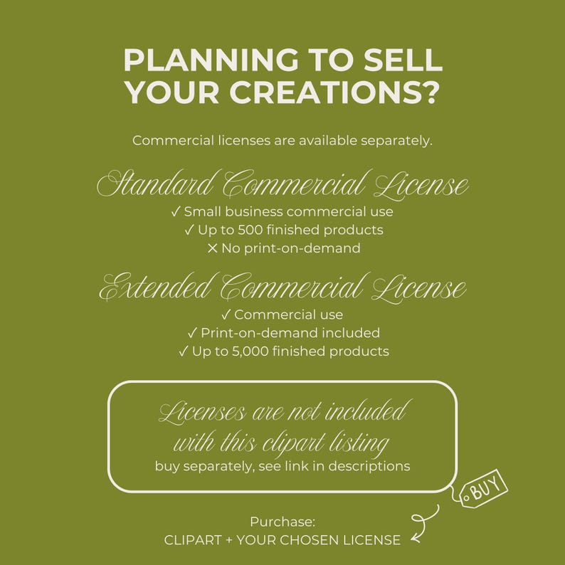 May include: An olive green informational graphic with white text titled PLANNING TO SELL YOUR CREATIONS? It outlines terms for a Standard Commercial License and an Extended Commercial License, noting that licenses are not included with this clipart listing.