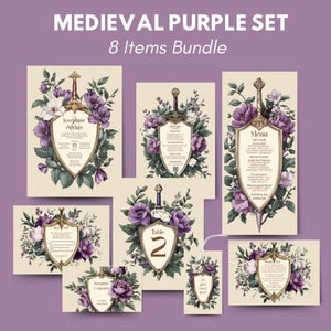 Purple Medieval Wedding Invitation Set - Gothic Floral Sword and Shield, Editable 8 items, With RSVP, Menu & More, Digital Download