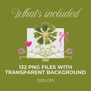May include: A digital graphic set featuring the text "Whats included" and "132 PNG FILES WITH TRANSPARENT BACKGROUND 1200 DPI". The design includes a green watercolor flower, a pink heart, a pink ribbon bow, and a decorative floral flourish.
