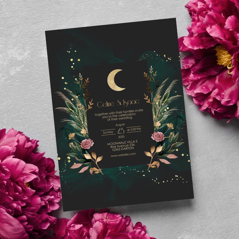 May include: A black and green wedding invitation with gold accents. The invitation features a crescent moon, floral designs, and the text "Celine & Isaac" along with the wedding date and location.