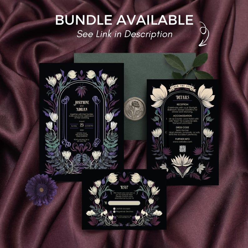Mystical Gothic Botanical Wedding Invitation - Green & Purple Elegance - Instant Digital Download in Size 5x7, Personalize with Corjl image 7
