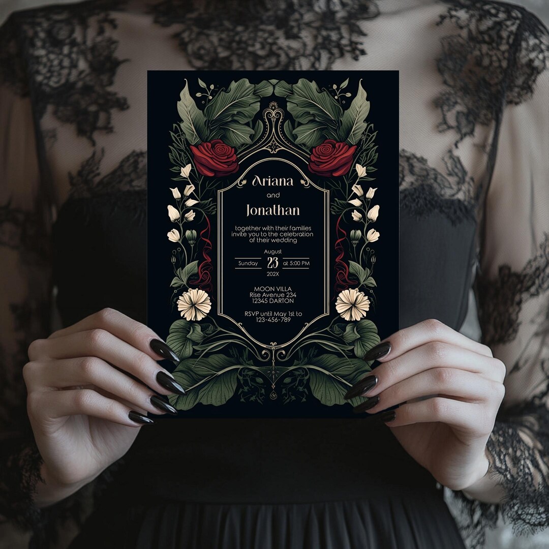 Gothic Romantic Wedding Invitation - Black and Red Rose Design ...