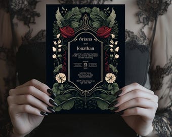 Gothic Romantic Wedding Invitation - Black and Red Rose Design - Instant Download, 5x7, Editable Template