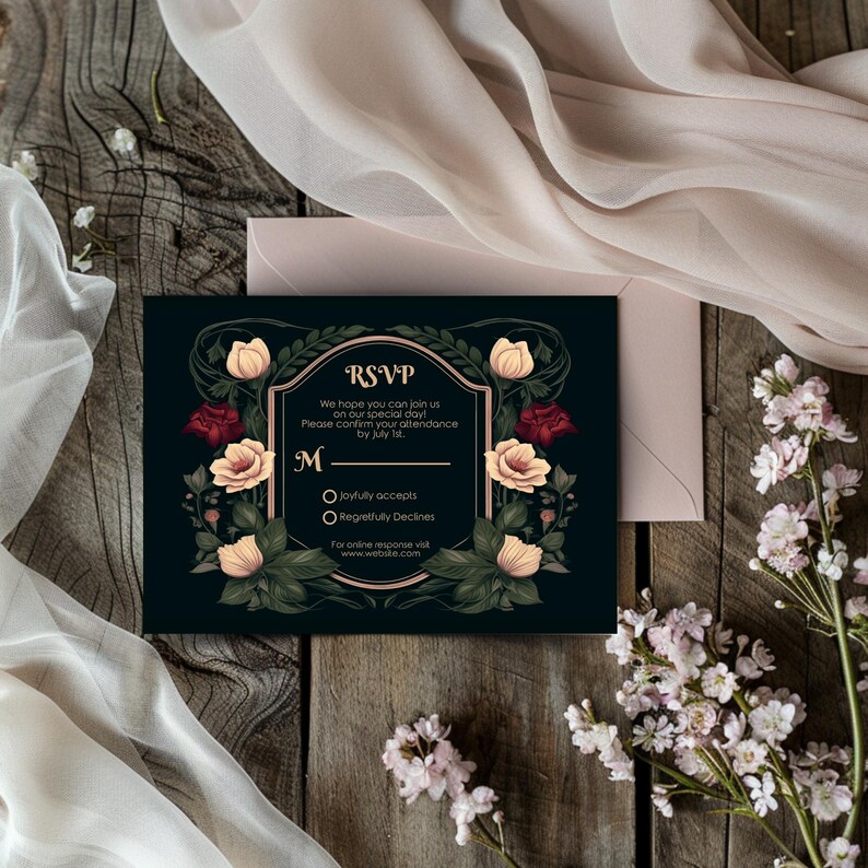 May include: A black RSVP card with a gold border and floral design. The text reads "RSVP" and "We hope you can join us on our special day! Please confirm your attendance by July 1st. M Joyfully accepts Regretfully Declines For online response visit www.websle.com"