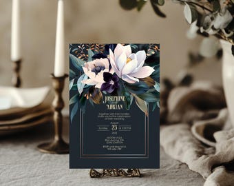 Elegant Gothic Botanical Wedding Invitation – Teal and Gold with Lush Florals - Instant Digital Download, 5x7, Editable Template