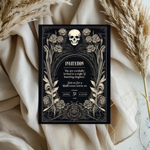May include: Black and gold Halloween party invitation with a skull and floral design. The invitation reads "You are cordially invited to a night of haunting elegance. Join us for a Halloween soir&eacute;e on Sunday, October 31 at 5:00 pm 2006."