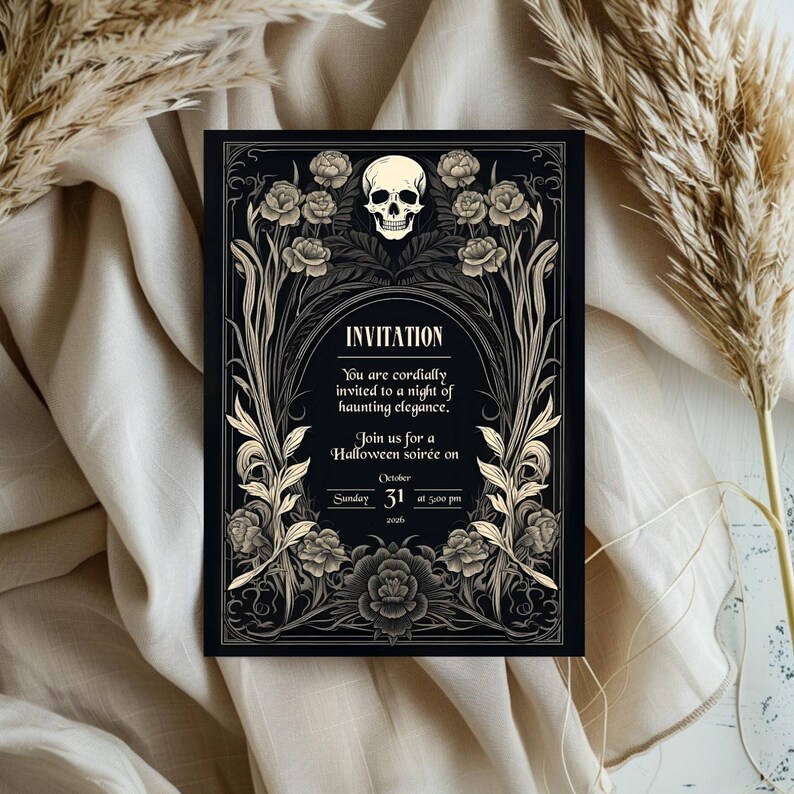 May include: Black and gold Halloween party invitation with a skull and floral design. The invitation reads "You are cordially invited to a night of haunting elegance. Join us for a Halloween soir&eacute;e on Sunday, October 31 at 5:00 pm 2006."