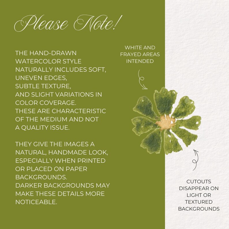 May include: An informational graphic on a green background with white text stating Please Note, explaining that hand-drawn watercolor styles include soft, uneven edges and color variations. A green flower illustration is shown with arrows.