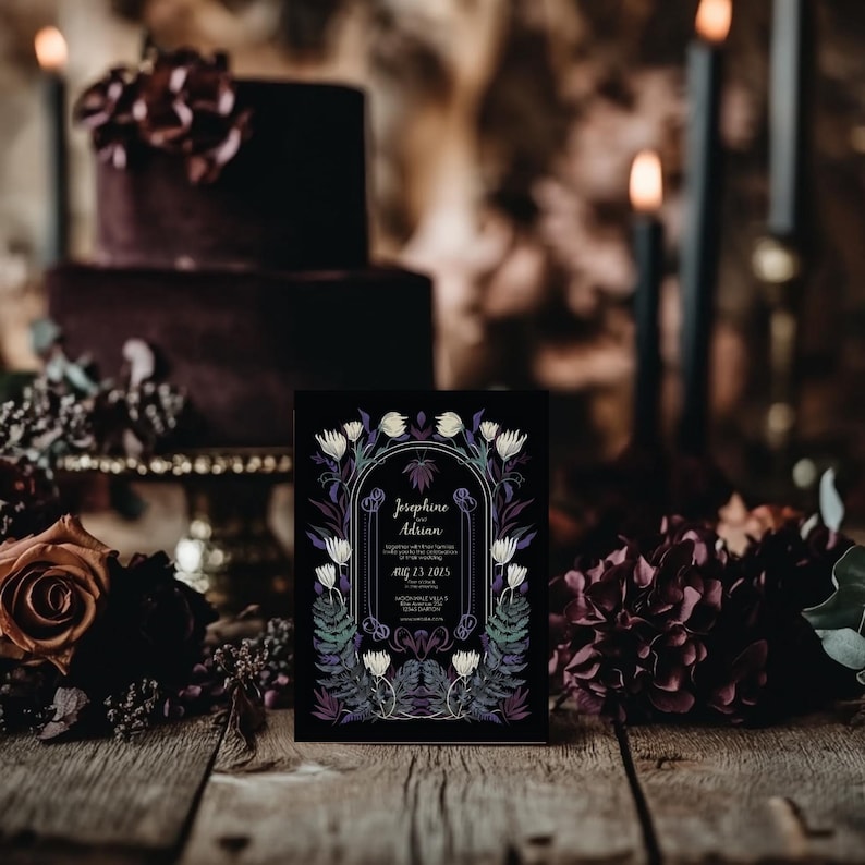 May include: A black wedding invitation with a floral design and the text "Josephine & Adrian" and "Aug 13, 2023".
