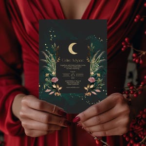 May include: A black wedding invitation with gold and green accents. The invitation features a crescent moon, floral designs, and the text "Celine & Isaac" with the date and time of the wedding.