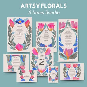 Modern Floral Wedding Invitation Set - Blue and Pink Artsy Tulips Design, Editable 8 items, RSVP, Menu, Details & More, Digital Download