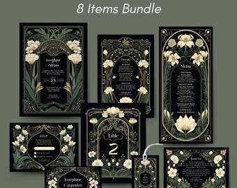 May include: A set of 8 printable wedding stationery templates in a dark floral gothic style. The templates include an invitation, RSVP card, details card, menu, table number card, thank you card, and two save the date cards. The design features black and gold accents with white flowers and greenery.