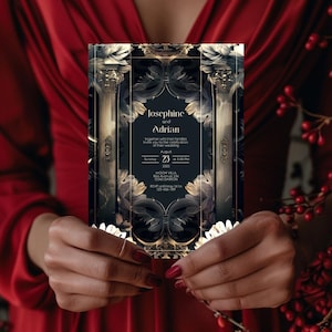 May include: A black and gold wedding invitation with a floral design and a gold frame. The invitation reads "Josephine and Adrian together with their families invite you to the celebration of their wedding August 23, 2025 at 5:00 PM MOON VILLA 123AS DARTON RSVP until May 123-456-789"