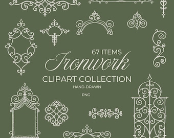 Hand-drawn Ornamental Clipart Set - 67 Items - PNG with transparent backhground, Vintage Wrought Iron with Victorian and Art Nouveau Blend