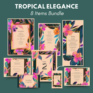 Neon Tropical Wedding Suite – Invitation Bundle with RSVP, Menu, and Table Cards and More, Digital Download, Editable Templates