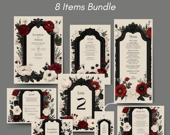 Gothic Romance Wedding Invitation Set - Gothic Style, Arch and Flowers, Editable 8 items, RSVP, Details & More, Digital Download