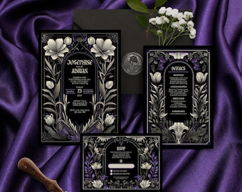 Könnte beinhalten: Ein Set schwarzer Hochzeitseinladungen mit floralen Designs und den Namen "Josephine und Adrian". Die Einladungen enthalten Details, RSVP und ein Wachssiegel. Das Design zeigt weiße und violette Akzente auf dunklem Hintergrund.