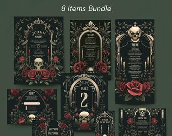 Gothic Skull & Roses Wedding Invitation - Victorian Botanical Elegance - Editable 8 Items Bundle for Gothic Weddings, Digital Download